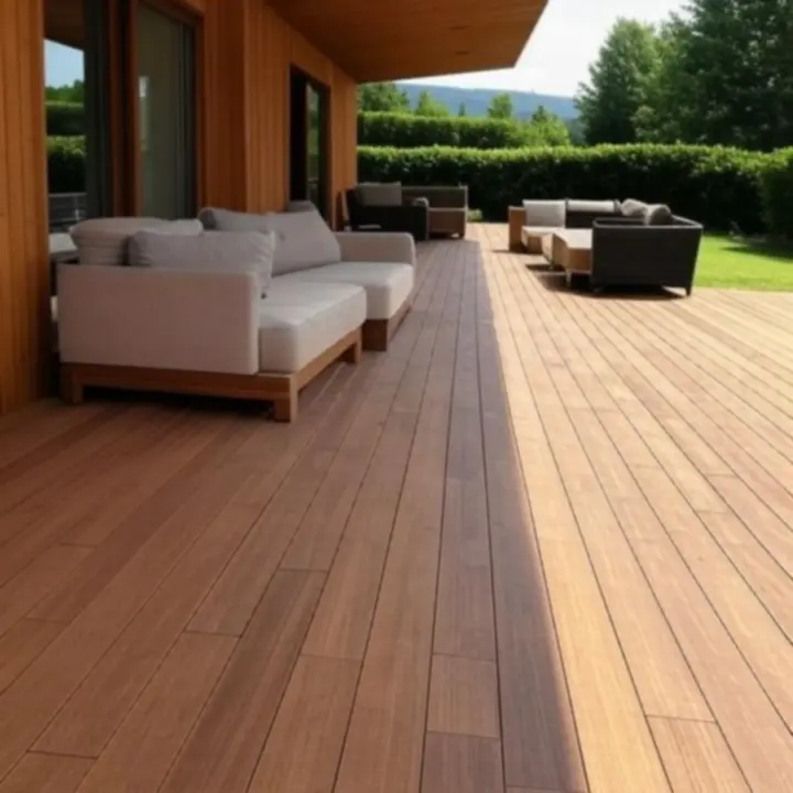 Nowoczesny taras drewniany przy domu jednorodzinnym